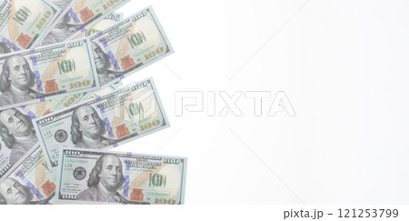close up fiat money 100 usd banknotes on a white background. Pile of United States of America Finance. concepts of banking,cash, savings,fiat money concept,100 dollars. Money Mockup. 121253799