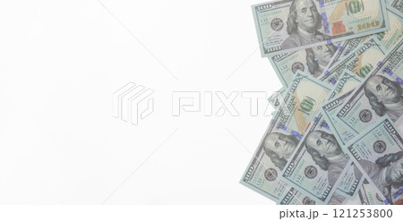 close up fiat money 100 usd banknotes on a white background. Pile of United States of America Finance. concepts of banking,cash, savings,fiat money concept,100 dollars. Money Mockup. 121253800