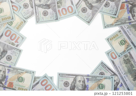 close up fiat money 100 usd banknotes on a white background. Pile of United States of America Finance. concepts of banking,cash, savings,fiat money concept,100 dollars. Money Mockup. 121253801
