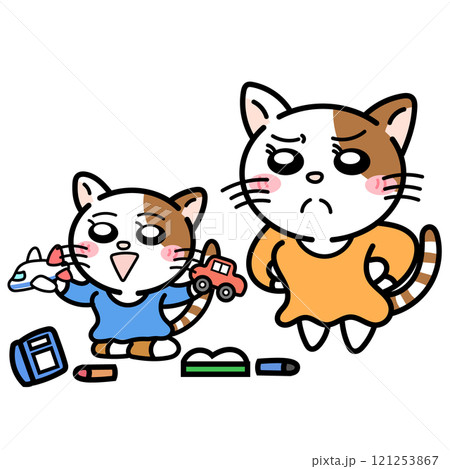 片づけない子供に怒るお母さんネコ 片づけない子供に怒るお母さんネコ 121253867