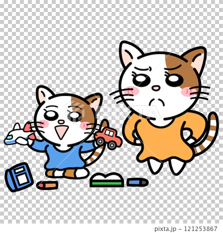 Mother cat gets angry at child who doesn't clean up 121253867