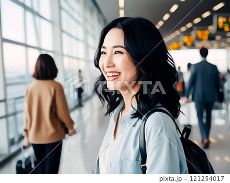 空港ロビーで外を眺める若い女性 121254017