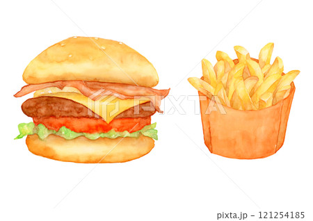 ハンバーガーとフライドポテトの水彩イラストのイラスト素材
