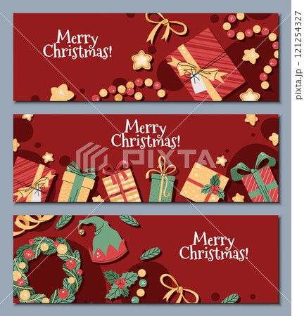 Set of Christmas horizontal banners with gift...のイラスト素材 [121254327] - PIXTA