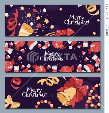 Set of Christmas horizontal banners with fireworks, a party popper, Christmas Bell, Red Bow, stocking and confetti in a flat style. Vector Christmas illustration for poster, banner, invitation, etc 121254331