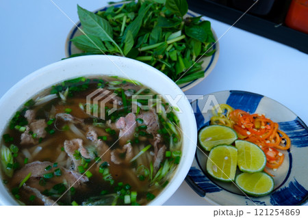 Vietnamese Pho with Beef, Bean Sprouts, and Basil Vietnamese Pho with Beef, Bean Sprouts, and Basil 121254869