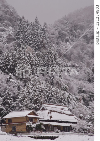 背景素材　初雪の頃　薄雪で雪化粧した樹木と古民家　林　森　 121254903