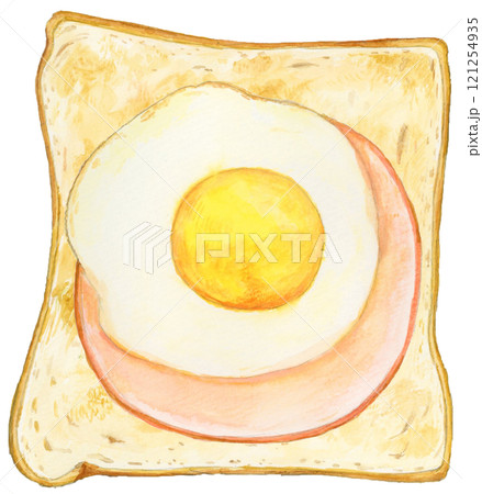 手描き水彩の美味しそうなハムエッグトーストのイラスト 121254935