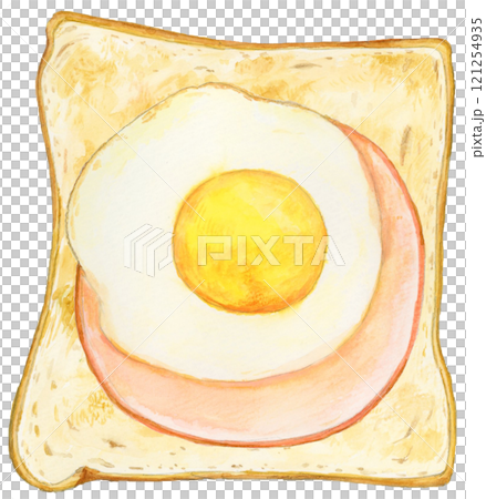 手描き水彩の美味しそうなハムエッグトーストのイラスト 121254935