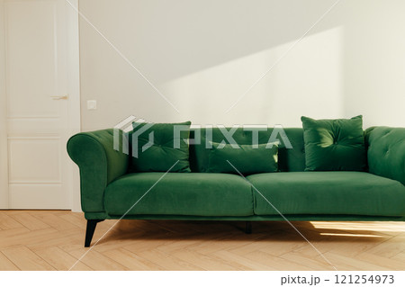 Green fabric sofa on wooden legs in minimalistic interior Green fabric sofa on wooden legs in minimalistic interior 121254973
