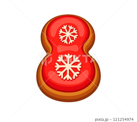 Gingerbread math number eight adorned with snowflakes and red icing, evokes a festive, winter ambiance. Christmas cookie dessert 8 mathematics symbol font, xmas typeface, new year type pastry alphabet 121254974