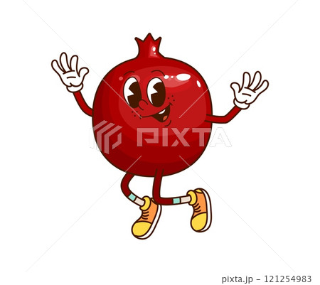 Cartoon funny groovy pomegranate fruit character with a happy face expression. Isolated vector tropical garden fruit retro y2k personage has a bright red round body, expressive eyes, and wide smile 121254983