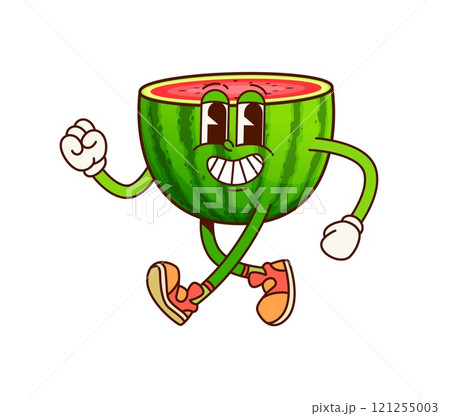Groovy cartoon watermelon half funny character. Delicious ripe watermelon cheerful funky isolated vector mascot, summer dessert food happy smiling personage. Juicy fruit cut in half happy character 121255003