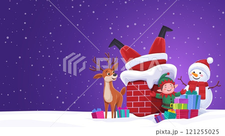 Christmas characters and Santa Claus stuck in a house chimney surrounded by cartoon reindeer, gifts, cheerful elf and snowman friends creating a cheerful holiday atmosphere under the falling snow Christmas characters and Santa Claus stuck in a house chimney surrounded by cartoon reindeer, gifts, cheerful elf and snowman friends creating a cheerful holiday atmosphere under the falling snow 121255025