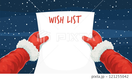 Cartoon Christmas wishlist in Santa Claus hands. Winter xmas holiday wish list. Cartoon vector father Noel character holding blank paper sheet with the title Wish list against a snowy night background 121255042