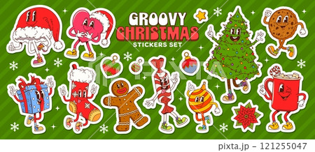 Groovy Christmas stickers pack featuring festive characters and cheerful holiday decorations. Cartoon vector heart, Santa hat, gift box, gingerbread man, candy and pine tree with cookie and cocoa mug 121255047