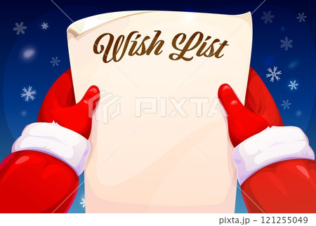 Santa Claus hands with wish list paper for Christmas or New Year winter holiday, vector background. Empty blank paper scroll wishlist in Santa hands for Christmas or New Year kids gifts wish 121255049