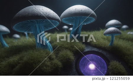 mushrooms and mycelium macro 121255059