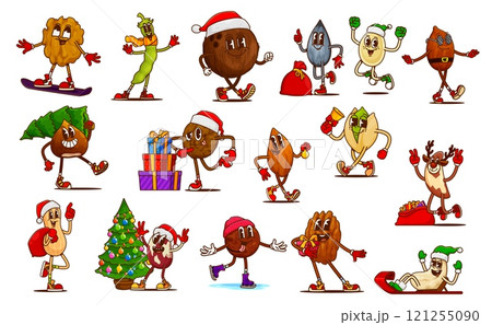 Christmas nut and bean groovy characters. Cartoon seeds dressed in festive xmas santa hats and scarves, engaging in holiday activities like sledding, gifts giving, decorating promoting healthy eating Christmas nut and bean groovy characters. Cartoon seeds dressed in festive xmas santa hats and scarves, engaging in holiday activities like sledding, gifts giving, decorating promoting healthy eating 121255090