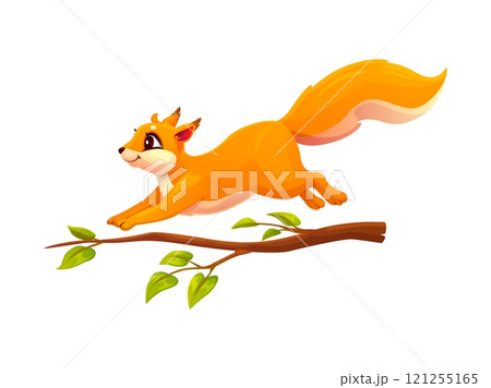 Cartoon squirrel character leaps gracefully across a tree branch. Isolated vector cute and funny forest animal personage with orange fur and fluffy tail captures essence of joy and adventure in nature Cartoon squirrel character leaps gracefully across a tree branch. Isolated vector cute and funny forest animal personage with orange fur and fluffy tail captures essence of joy and adventure in nature 121255165