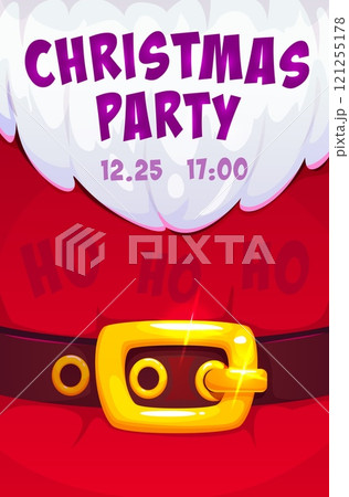 Christmas and Xmas holiday Santa Claus beard flyer for winter holiday party, vector poster. Christmas party invitation or Xmas entertainment entry flyer with Santa beard, golden buckle and HoHoHo 121255178