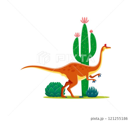 Cartoon prehistoric pelicanimimus dinosaur character. Isolated vector genus of theropod dino from the Early Cretaceous period. Ancient reptile animal with spots standing near a large flowering cactus Cartoon prehistoric pelicanimimus dinosaur character. Isolated vector genus of theropod dino from the Early Cretaceous period. Ancient reptile animal with spots standing near a large flowering cactus 121255186