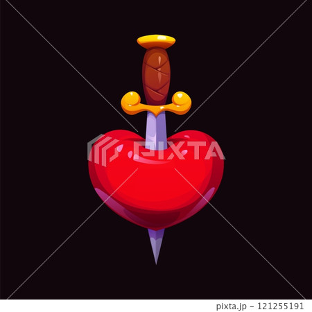 Cartoon glossy red heart pierced by a sword with a golden hilt symbolizing love, passion or conflict, heartbreak and sacrifice relationships. Vector romantic emotional Valentine day heart with dagger Cartoon glossy red heart pierced by a sword with a golden hilt symbolizing love, passion or conflict, heartbreak and sacrifice relationships. Vector romantic emotional Valentine day heart with dagger 121255191