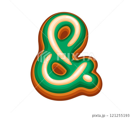 Christmas gingerbread ampersand symbol covered in green and white icing. Cartoon vector font sign, xmas typeface glyph, new year type, pastry alphabet punctuation as sweet holiday cookie with frosting Christmas gingerbread ampersand symbol covered in green and white icing. Cartoon vector font sign, xmas typeface glyph, new year type, pastry alphabet punctuation as sweet holiday cookie with frosting 121255193