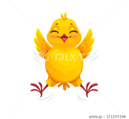 Cartoon jumping and flying chick cute character. Farm baby chicken funny personage, spring newborn hen bird or Easter holiday tiny chick animal cheerful vector mascot. Farm chicken cute character Cartoon jumping and flying chick cute character. Farm baby chicken funny personage, spring newborn hen bird or Easter holiday tiny chick animal cheerful vector mascot. Farm chicken cute character 121255196