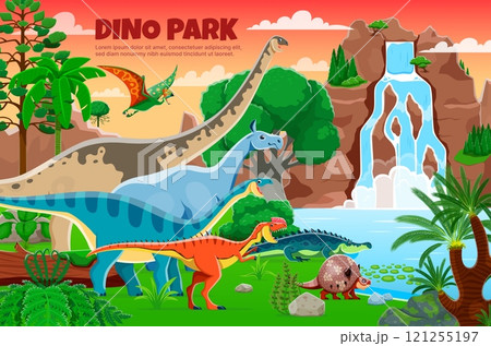 Dino park banner with prehistoric dinosaurs and reptiles near waterfall cascade. Vector vibrant cover template for Jurassic era adventure park with dino animals, green trees and a dramatic sunset sky Dino park banner with prehistoric dinosaurs and reptiles near waterfall cascade. Vector vibrant cover template for Jurassic era adventure park with dino animals, green trees and a dramatic sunset sky 121255197