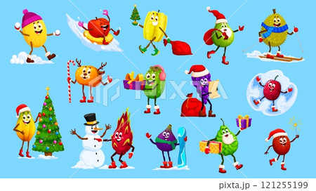 Christmas and New Year winter tropical fruit characters engaging in joyful Xmas celebration and fun outdoor activities. Cartoon vector grape, melon, mandarin, papaya or carambola exudes holiday spirit 121255199