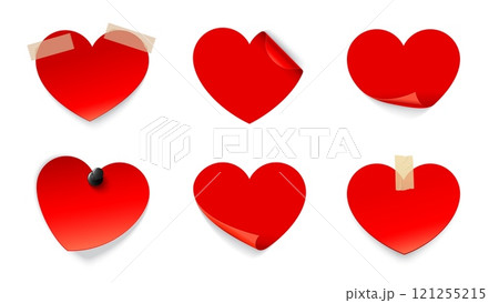 Valentine day love heart stickers. Vector red holiday heart shaped paper sticky notes with curled edges, glued with tape and pinned with a pin evoke romantic feelings of love, affection and emotions 121255215