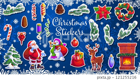 Christmas holiday characters and decoration stickers pack. Cartoon vector Santa Claus, snowman, reindeer, festive wreath, pinecone, tree and candy cane. Fireplace, gifts bag and bauble with flappers 121255216