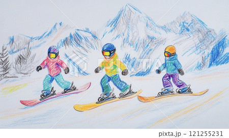 雪山を背景にスノーボードをする子供たち AI画像 雪山を背景にスノーボードをする子供たち AI画像 121255231