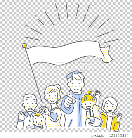 A three-generation family who exercises and stays healthy - simple and stylish line drawing illustration 121255334