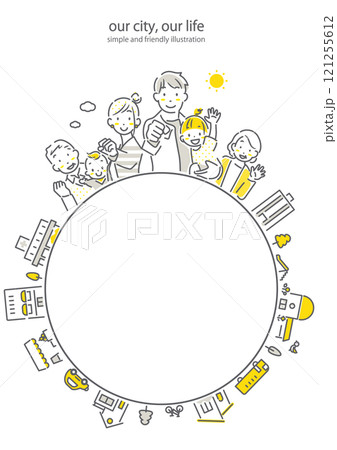 三世代ファミリーと都市の丸形フレーム　シンプルでお洒落な線画イラスト 121255612