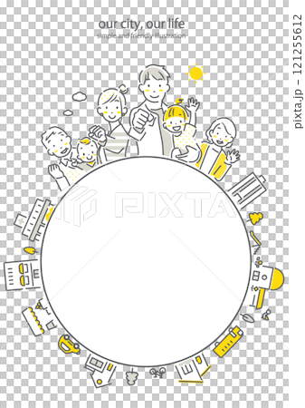 Three-generation family and city round frame Simple and stylish line drawing illustration 121255612