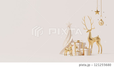 3D render, Happy new year and Christmas scene decorations with golden reindeer, tree, gifts, and ornaments on soft beige background. 121255680