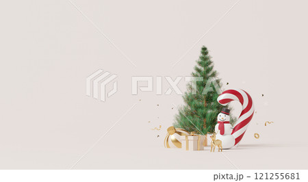 3D render, Happy new year and Festive Christmas scene with tree, snowman, striped candy cane, golden deer, and gifts on soft beige background 121255681