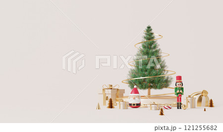 3D render, Happy new year and Magical Christmas scene with tree, Santa, nutcracker, gifts, and festive decorations on soft beige background 3D render, Happy new year and Magical Christmas scene with tree, Santa, nutcracker, gifts, and festive decorations on soft beige background 121255682