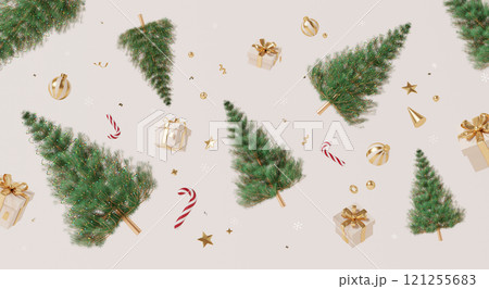 3D render, Happy new year and Festive Christmas scene with decorated falling trees, gifts, and golden ornaments on soft beige background 121255683