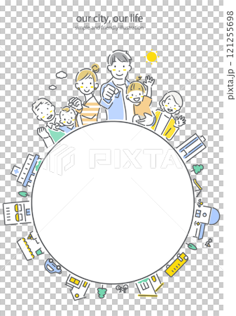 三代家庭與城市圓框-簡單時尚的線條畫插圖 121255698