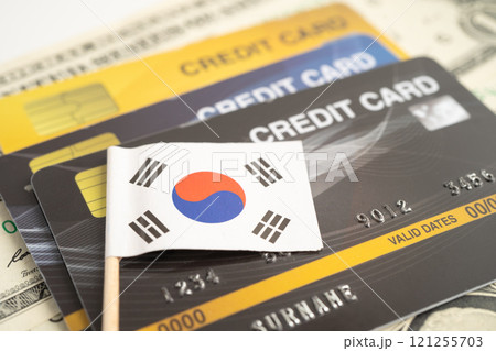Credit card model with South Korea flag, financial investment economy business banking. 121255703