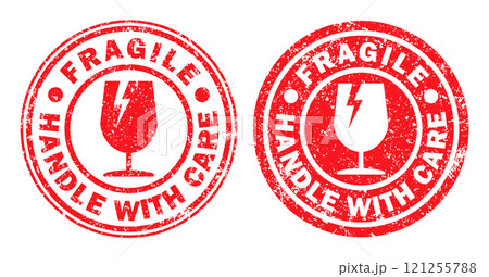 Fragile round circle stamp sticker icon symbol. Handle with care logo sign. Keep dry, This way up. Vector illustration image. Isolated on white background. 121255788