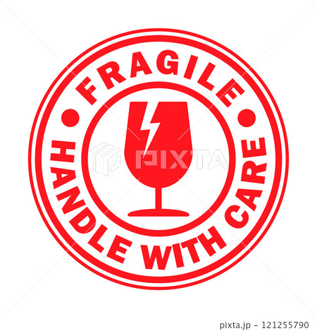 Fragile round circle stamp sticker icon symbol. Handle with care logo sign. Keep dry, This way up. Vector illustration image. Isolated on white background. Fragile round circle stamp sticker icon symbol. Handle with care logo sign. Keep dry, This way up. Vector illustration image. Isolated on white background. 121255790