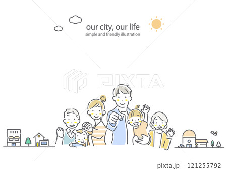 笑顔の三世代ファミリーのフレーム　シンプルでお洒落な線画イラスト 121255792