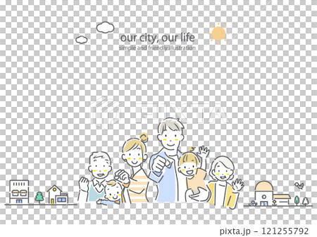 微笑的三代家庭的框架-簡單時尚的線條畫插圖 121255792