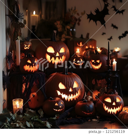 halloween pumpkin lantern with shallow depth of field 121256119