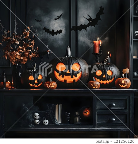 halloween pumpkin lantern with shallow depth of field 121256120