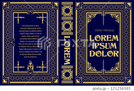 Book cover design featuring a blue background, gold ornaments and an ancient warrior 121256385